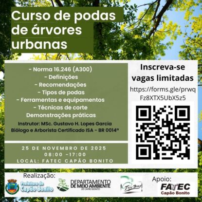 Capão Bonito abre inscrições para Curso de Podas de Árvores Urbanas