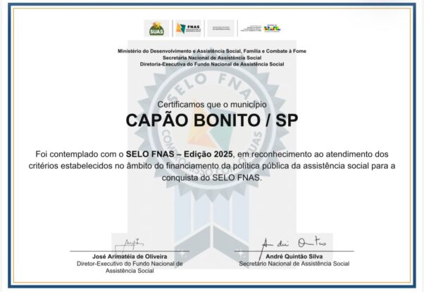Capão Bonito conquista Selo FNAS e reforça qualidade na gestão da Assistência Social