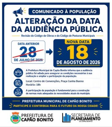 Audiência Pública para revisão do Código de Obras e do Código de Posturas é remarcada para 18 de agosto